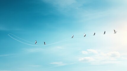 Fototapeta premium Birds Flying in a Blue Sky with Soft White Clouds and Trails
