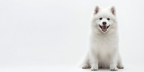  A fluffy Samoyed dog with a happy expression, sitting adorably on a white background. 