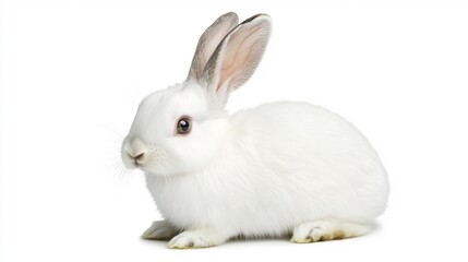  A fluffy white rabbit with long ears, sitting in a relaxed pose on a white background. 