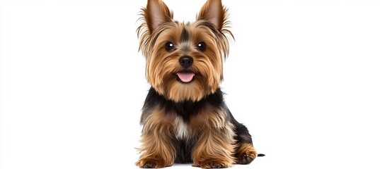  A fluffy Yorkshire Terrier sitting adorably on a pure white background. 