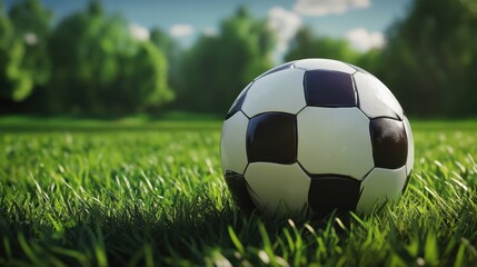 Fototapeta premium Soccer ball resting on lush green grass in a sunny park