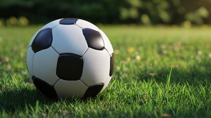 Fototapeta premium Soccer ball resting on lush green grass in a sunlit field