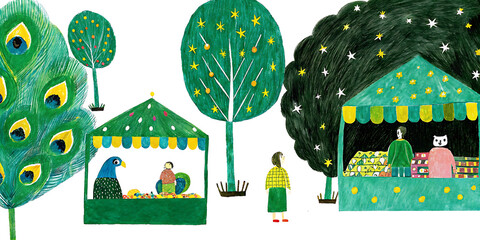 A whimsical market scene unfolds under starry trees, where birds and people gather joyfully, painted in vibrant greens and yellows with a naive, childlike style.