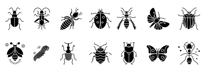 Insects icon set. Signs of a variety of insects, butterflies, pests and parasites. Pest control. Vector illustration