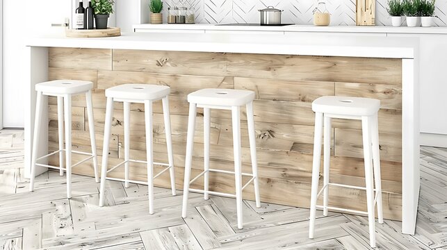 Four white stools arranged in a kitchen setting with wooden accents