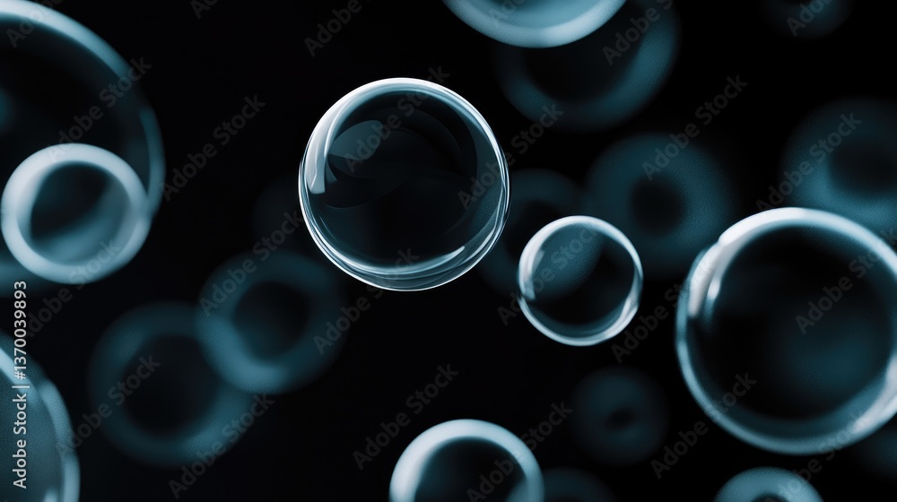 Poster close-up of transparent soap bubbles floating in air against a black background with soft light refl