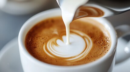 Barista pouring milk into coffee creating latte art heart shape