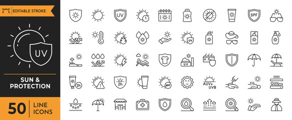 Sun & Protection icon set. Contains icons sunscreen, ultraviolet, sunglasses, SPF protection, umbrella, sunburn, sun hat and more. editable stroke. vector illustration