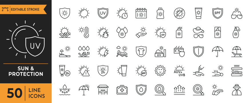 Sun & Protection icon set. Contains icons sunscreen, ultraviolet, sunglasses, SPF protection, umbrella, sunburn, sun hat and more. editable stroke. vector illustration