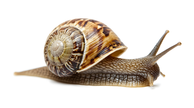 A small, brown and white snail is laying 