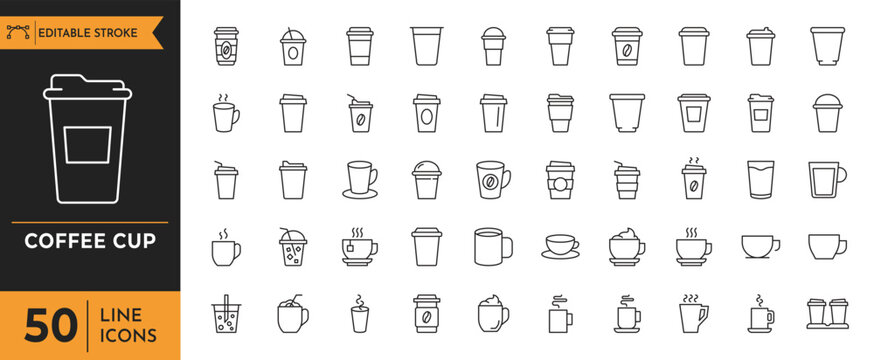 Coffee cup outline icon set. Paper cup icon. Containing coffee, paper, drink, cup, disposable, mug, container, and More. editable stroke. vector illustration