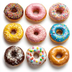 Colorful artisan donuts displayed on standard scale gourmet food photography studio environment