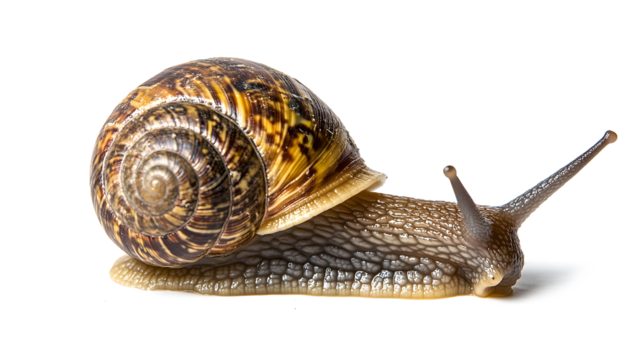 A small, brown and white snail is laying 
