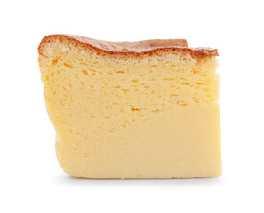 Piece of tasty Japanese Castella sponge cake isolated on white