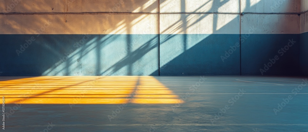 Poster sunlit shadows create a dynamic pattern on the gymnasium wall and floor