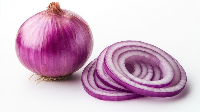 Sliced purple onion on white background.  Possible use Cooking demonstration or ingredient image