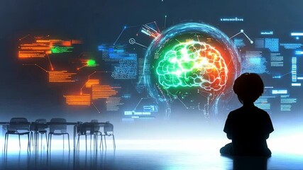 A child sits on the floor in a modern space, captivated by a floating digital brain illustration showcasing vibrant neural activity in a futuristic environment.