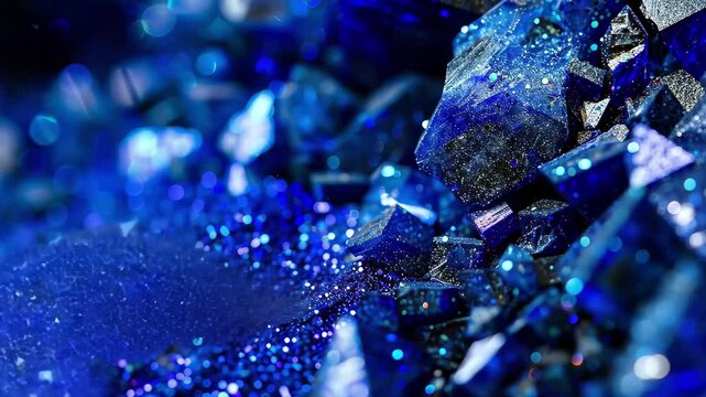 Shimmering blue crystals glisten with light, revealing intricate patterns and textures, creating a captivating natural display of color and beauty.