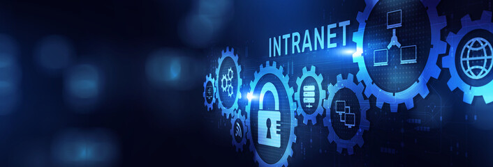 Obraz premium Intranet Enhancing Internal Communication and Collaboration on a Wide Banner, Business and Technology Concept.