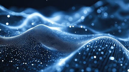 Abstract digital waves with glowing particles creating a mesmerizing blue background and depth for artistic and technology themes