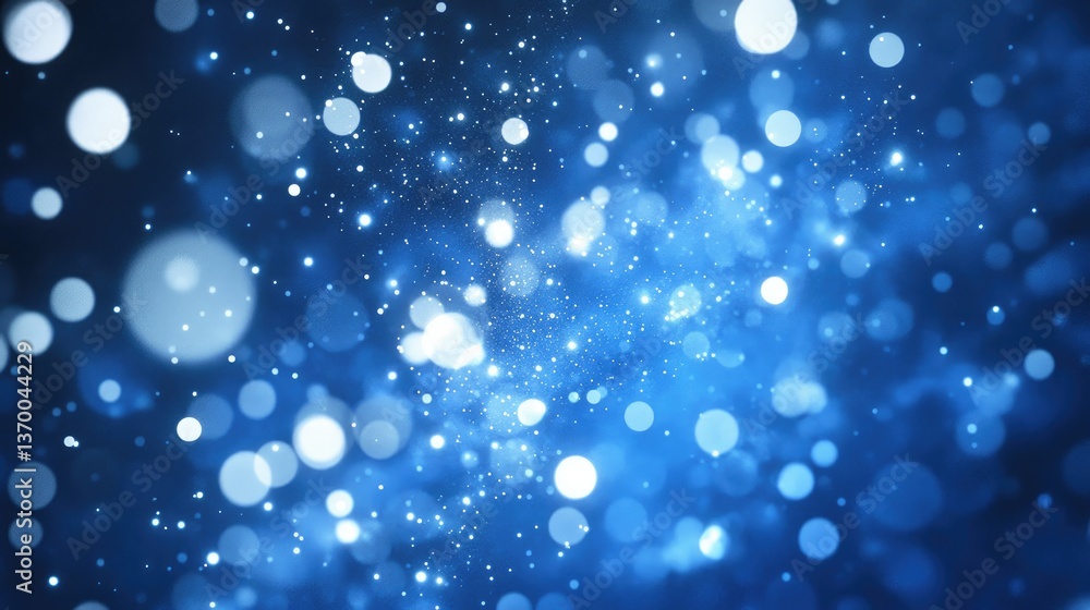 Poster abstract blue background with shimmering bokeh lights and sparkling particles in a cosmic atmosphere