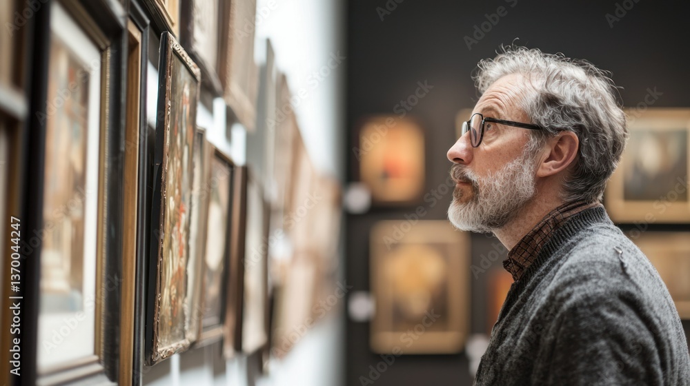 Poster a curator in a gallery examining a piece of artwork, ensuring it is preserved as part of an art cons