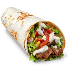 Savory doner wrap with fresh vegetables and creamy sauce street food market culinary delight close-up view