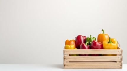 Fresh Assortment of Colorful Bell Peppers in a Wooden Crate