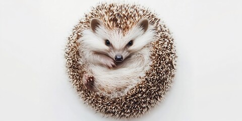  A little hedgehog curled up in a cozy ball, set against a bright white background. 