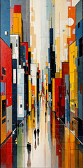 Modern Cubism. An abstract city. The painting is done in oil on canvas. Handmade work. There are age-related cracks on the coating.
