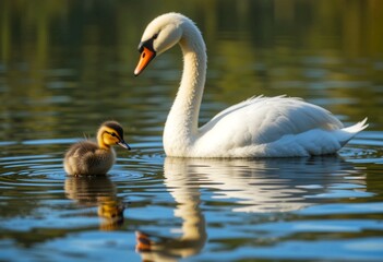 Fototapeta premium A swan and duckling swim together, reflecting love, contrast, and tranquility.