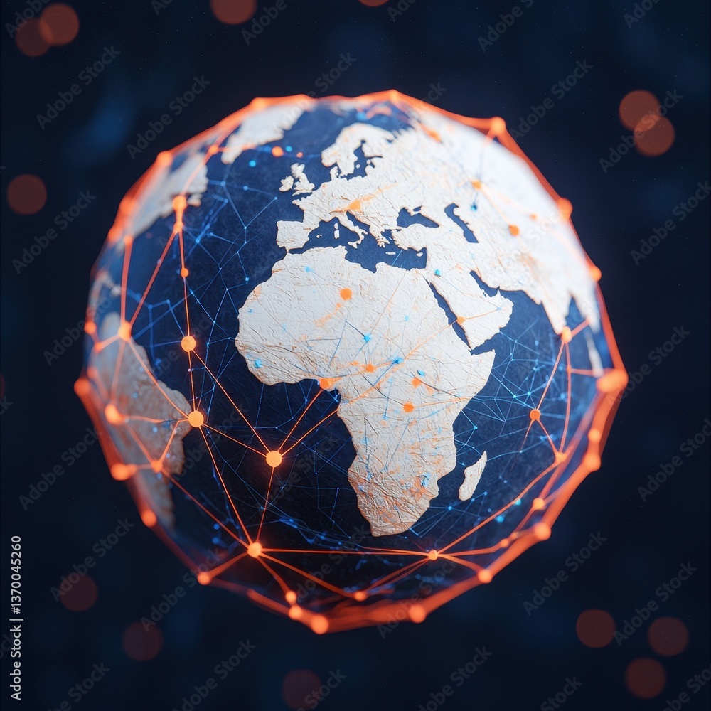 Poster global network connection around earth with digital nodes and lines
