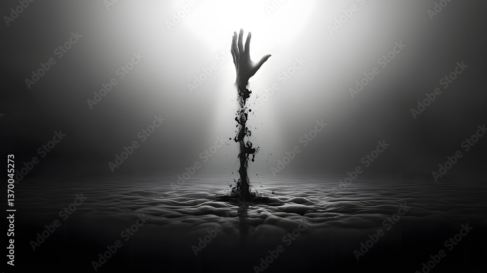 Fototapete A striking visual depiction of a single hand emerging from a dark inky pool illuminated by a dramatic single light source creating a powerful evocative and contemplative atmosphere