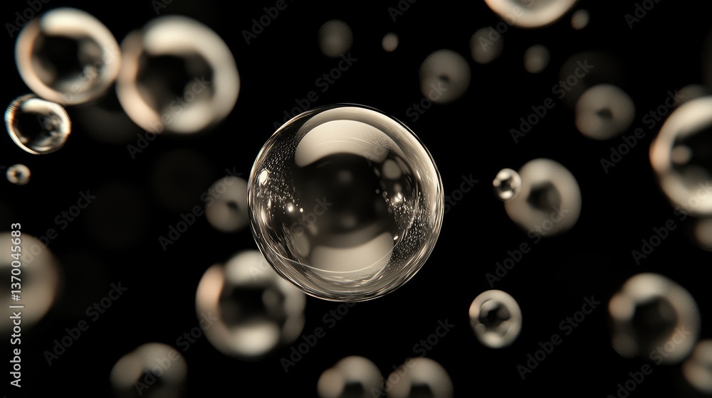 Poster transparent soap bubbles floating in dark background highlighting reflections and lighting effects i