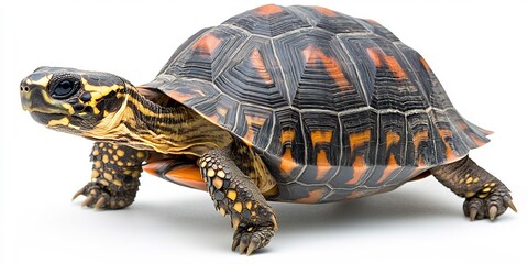  A lovely tortoise slowly walking, emphasizing its shell against a white backdrop. 