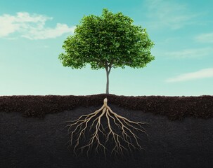 Tree Above Ground with Visible Roots Beneath Soil in Nature Scene