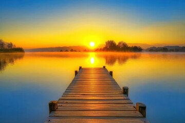 Wooden dock stretching into calm lake reflecting sunrise with bright yellow and orange hues in the sky transparent background