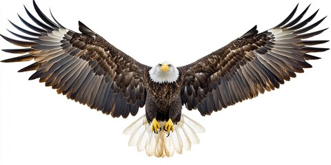  A majestic bald eagle soaring high, wings spread wide against a white background. 