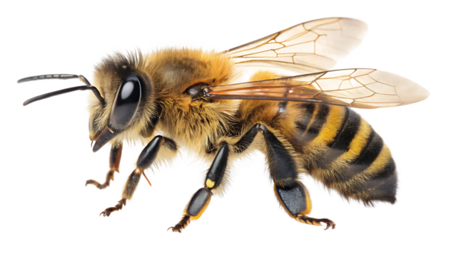 Honey bee insect macro close-up detailed wings striped black yellow fuzzy body. Pollination nature wildlife flying bug. Apis mellifera ecology environment isolated transparent background