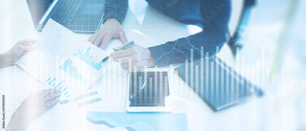 Aufkleber data visualization and analytics insights on a wide banner, business and technology concept.