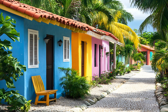 Vibrant Caribbean Cottages with Palm Tree Lined Path
