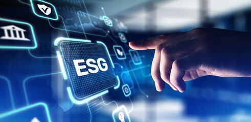 ESG Environmental, Social, and Governance Standards for Sustainable Business Practices, projection on a virtual screen, Business and Technology Concept.