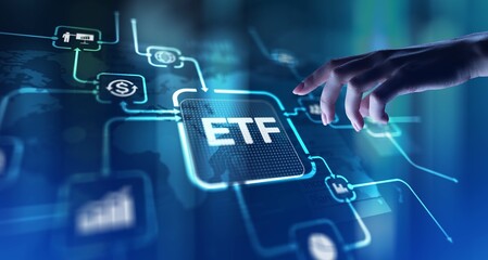 ETF Exchange-Traded Fund Investment Strategy, projection on a virtual screen, Business and Technology Concept.