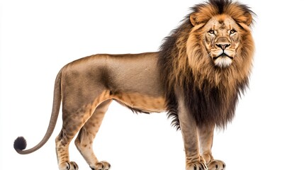  A majestic lion standing proudly on a white background, its mane flowing gracefully. 