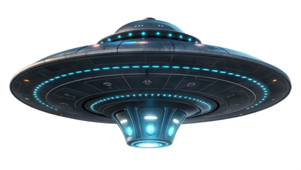 Futuristic UFO flying saucer spaceship alien spacecraft sci-fi technology. Metallic disc with blue glowing lights hovering. Extraterrestrial unidentified object isolated transparent background