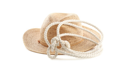 Cotton rope and straw hat isolated on white