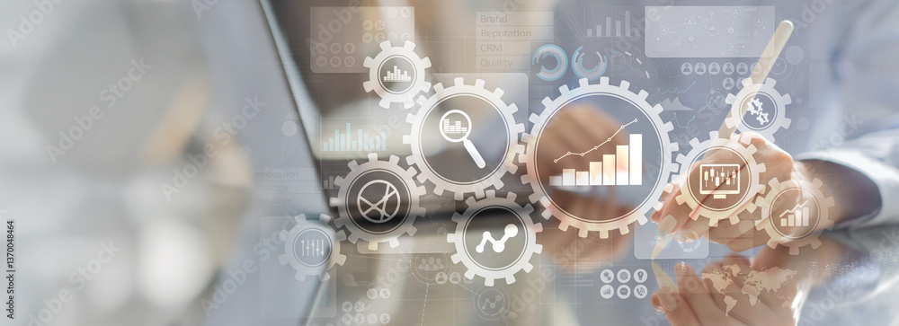 Poster business process automation and data analytics for enhanced productivity on a wide banner, business 