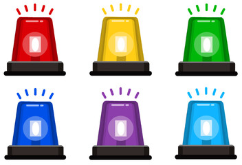 Emergency lights set in different colors. Collection of ambulance alert siren vector illustrations isolated on white background. Elements of police alarm, medical alarm in simple style in eps format. 
