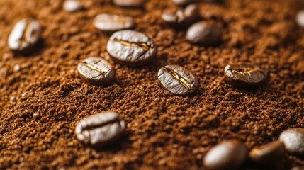 Roasted coffee beans resting on freshly ground coffee: a close-up of aromatic delight