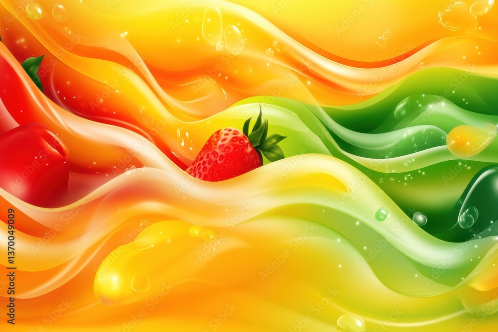 Poster Dynamic flow of colorful groceries creating an abstract background with vibrant liquid gradients and fresh produce elements Generative AI